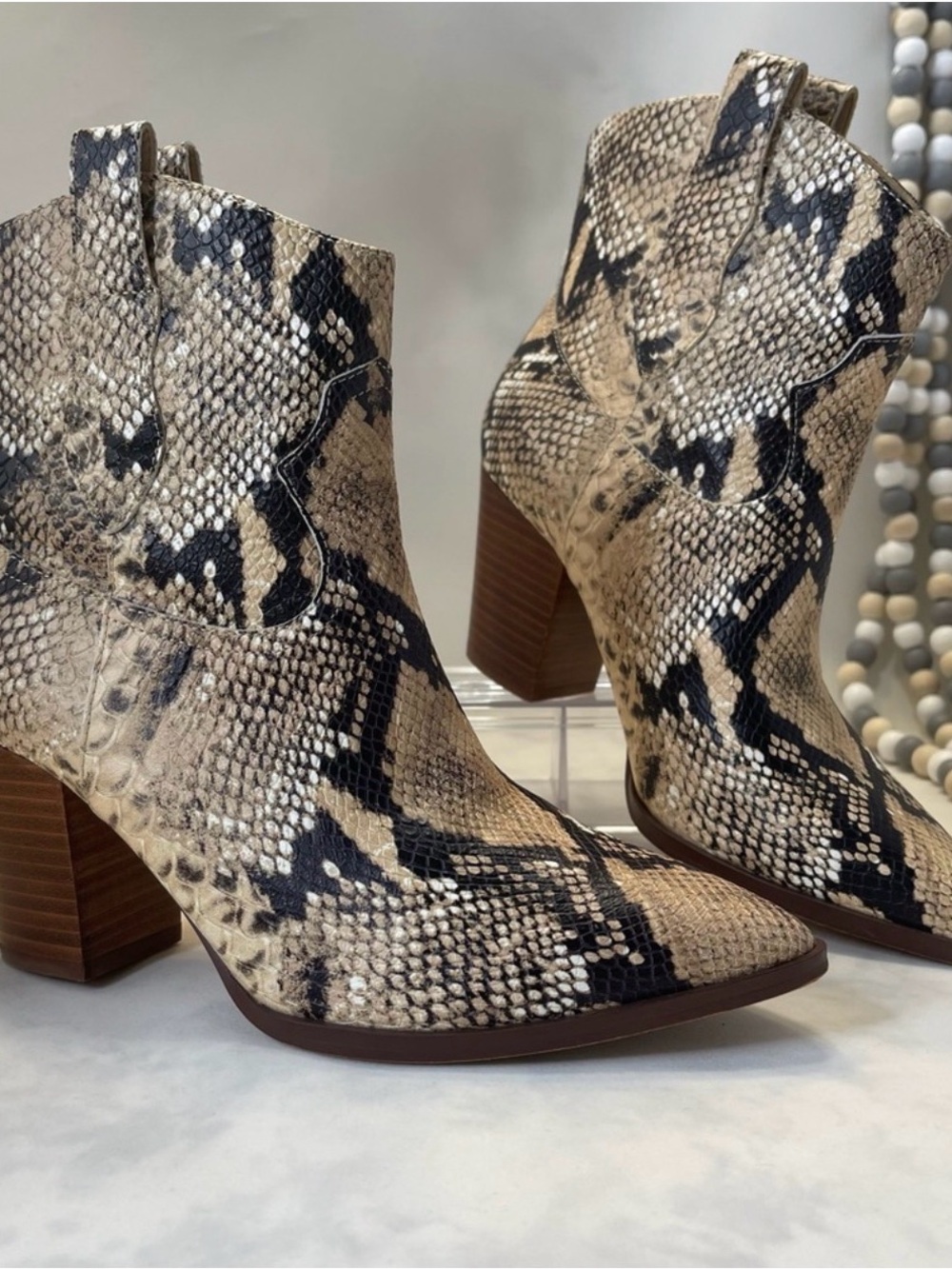 Gibson Latimer Snake-Print Ankle Boots in Beige and Black